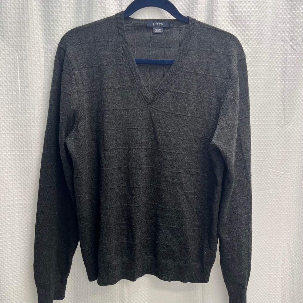 J.Crew Mens V-Neck Sweater 100% Wool Charcoal Gray Grid Textured Size M Vintage